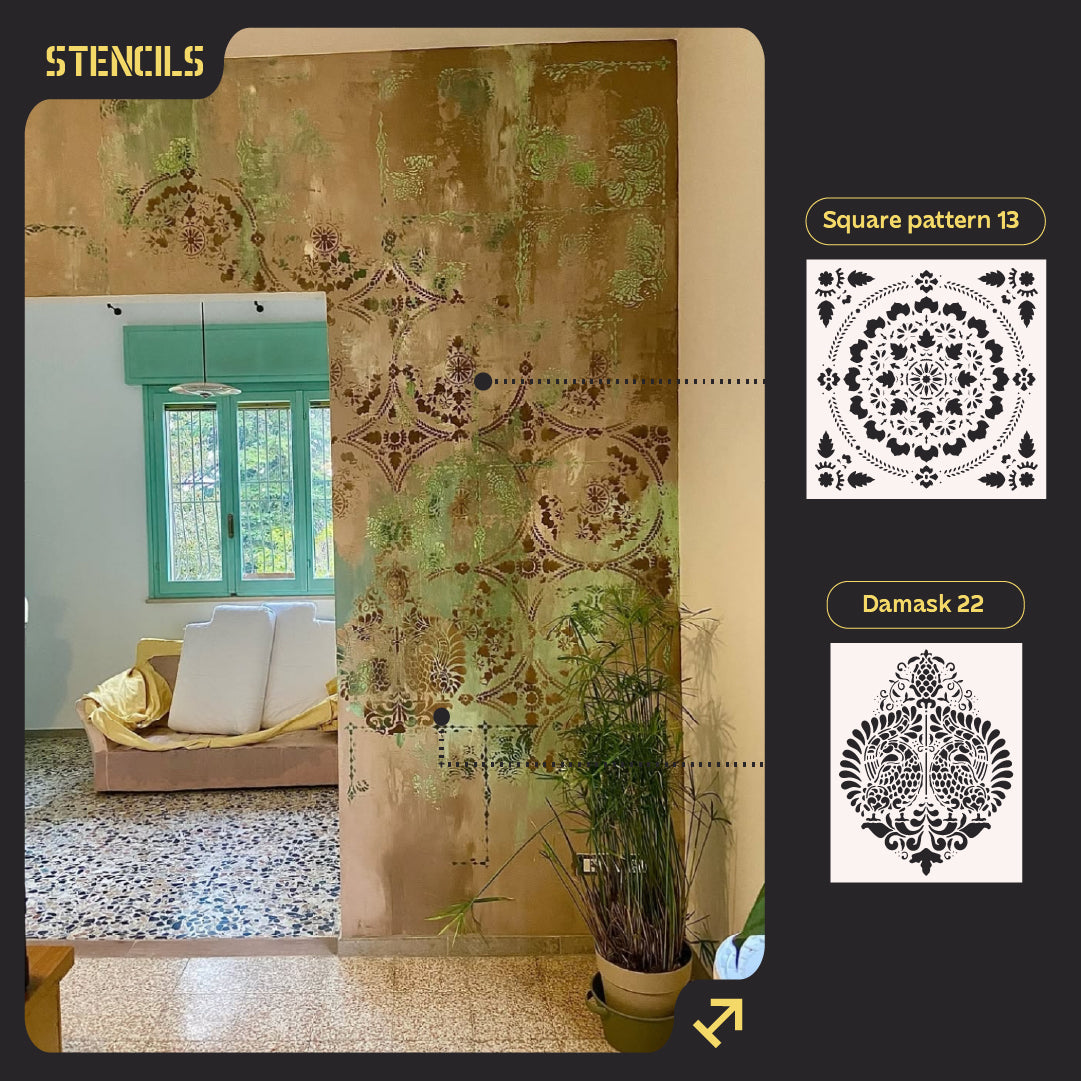 Set of stencils DFA decor for plaster and paint (Square 13 + Damask 22) 0.3-1 mm (N00118)