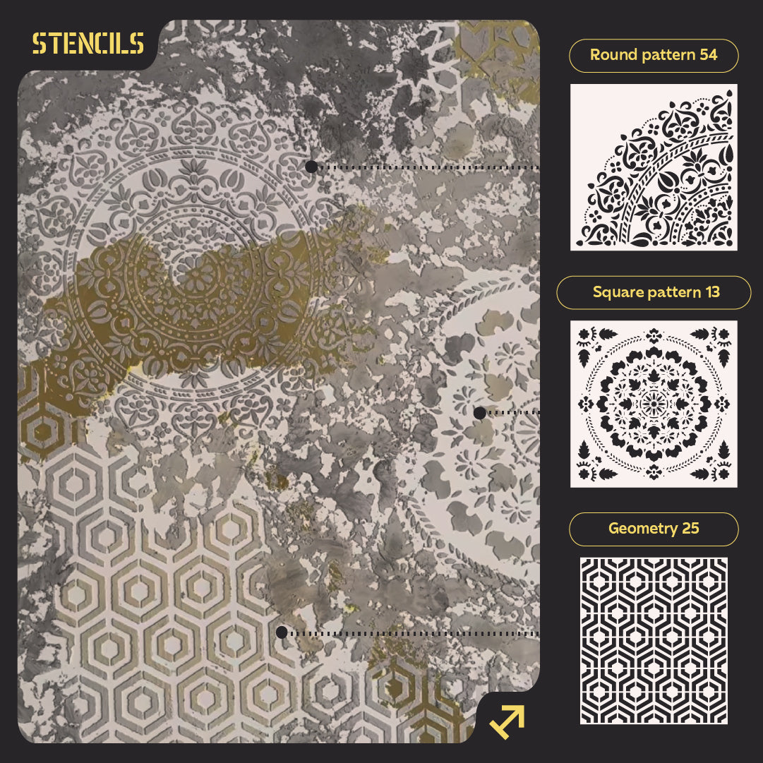 Set of stencils DFA (Round 54 + Square 13 + Geometry 25) for plaster and paint 0.3-1 mm (N00042)