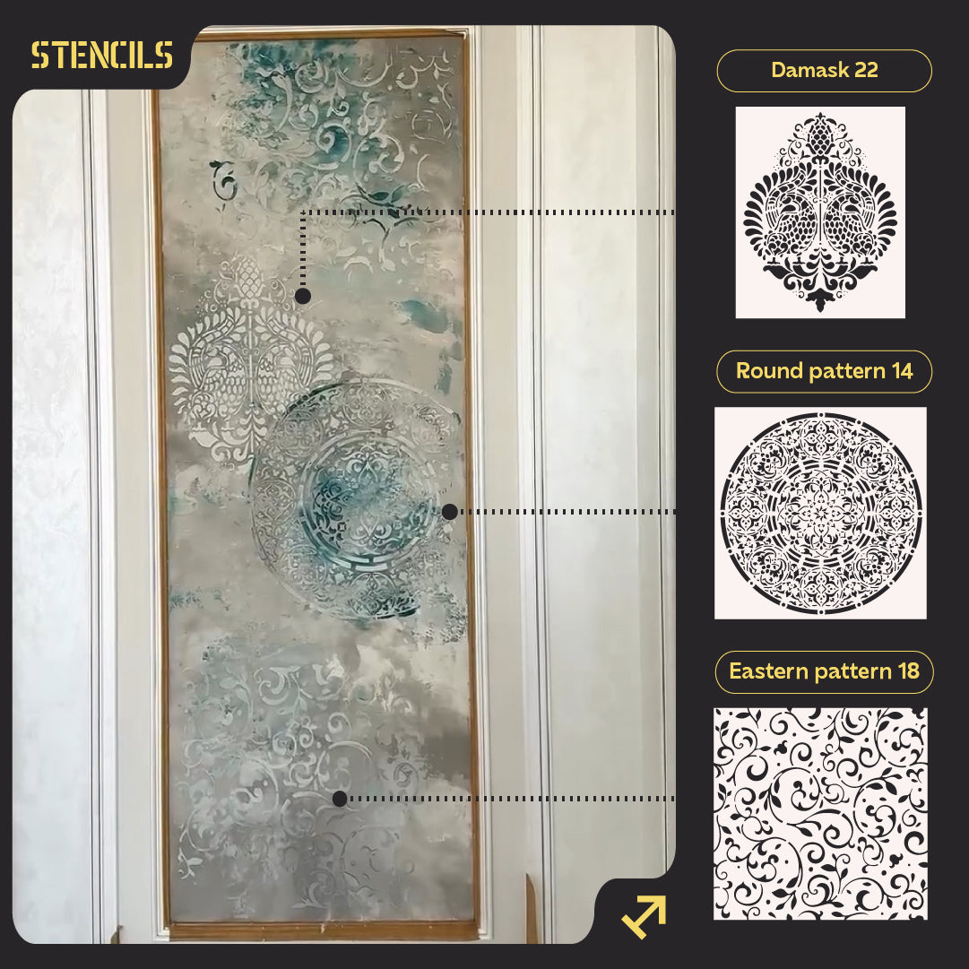 Set of 3 DFA stencils: Round, Oriental patterns and Damask – decorate your interior simply and beautifully 0.3-1 mm (N00149)