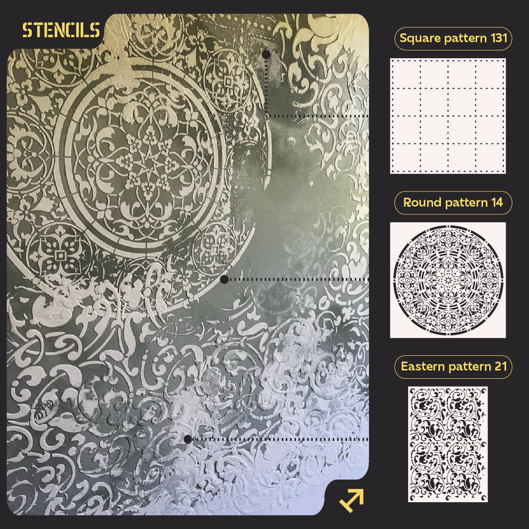 DFA Stencils for walls (Square 131 + Round 14 + Eastern 21) for plaster and paint 0.3-1 mm (N00127)