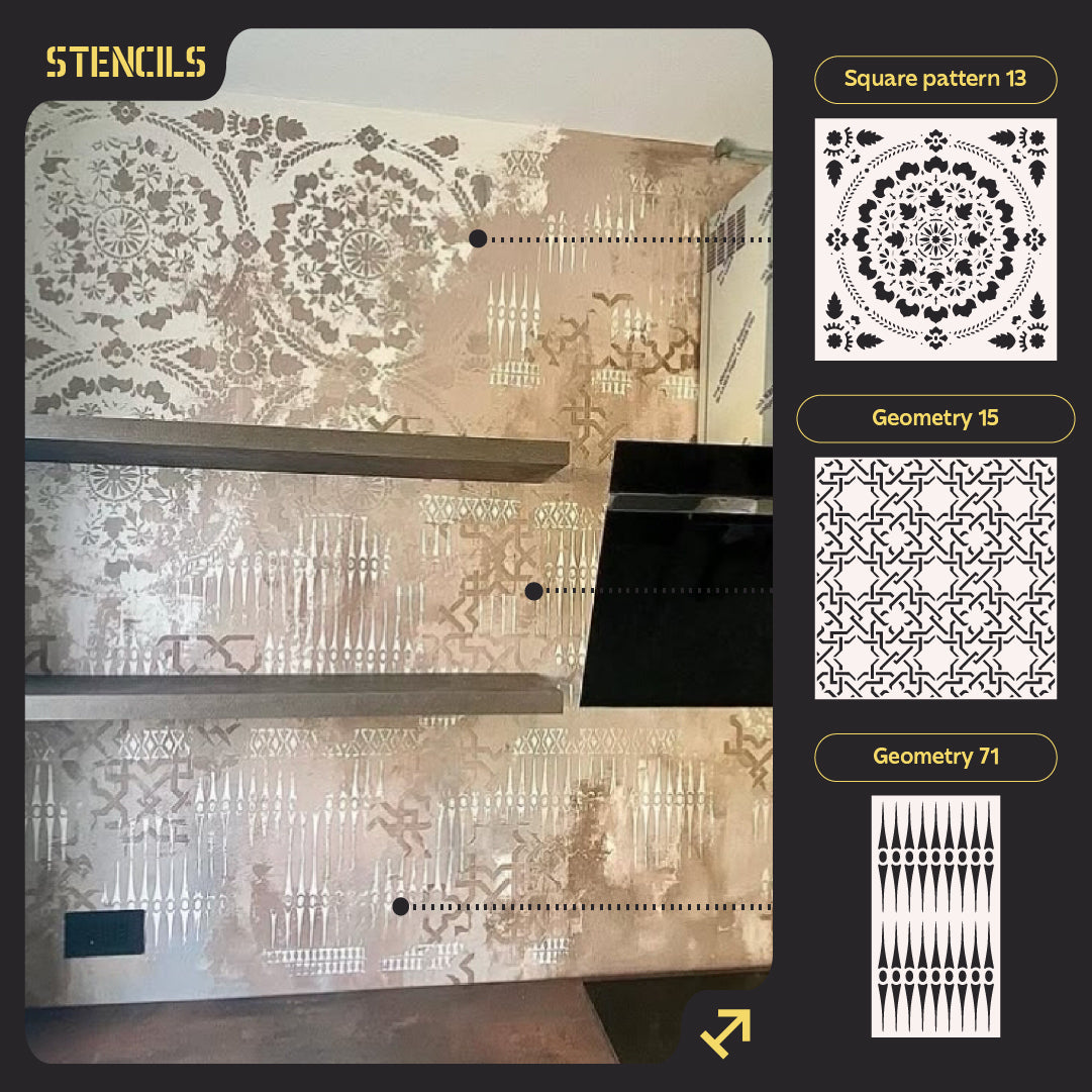 Wall decor stencil set DFA (Square 13 + Geometry 15 + Geometry 71) for plaster and paint 0.3-1 mm (N00096)