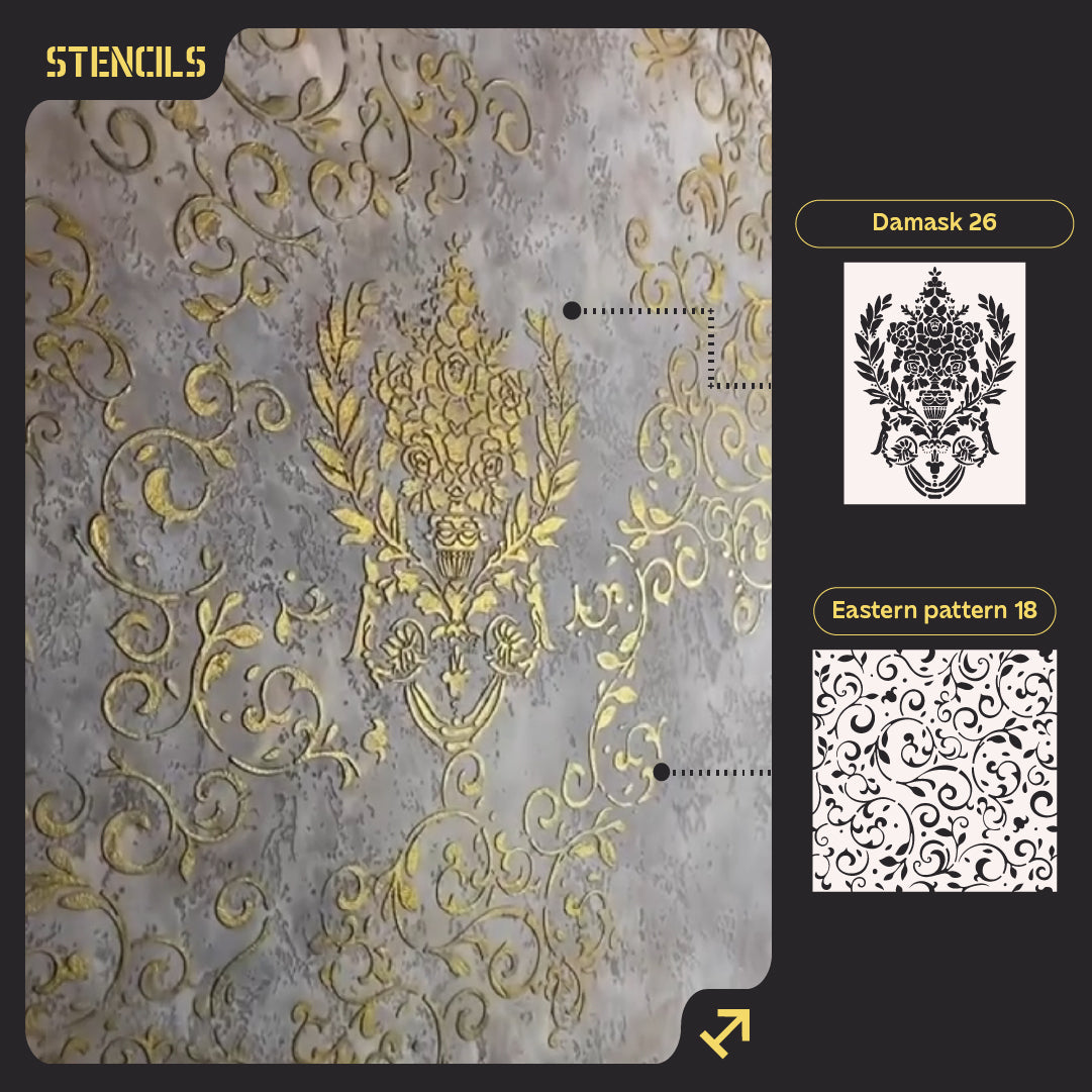Wall decoration set for plaster and paint 8 Stencils DFA (Oriental pattern 18 + Damask 26) 0.3-1 mm (N00008)
