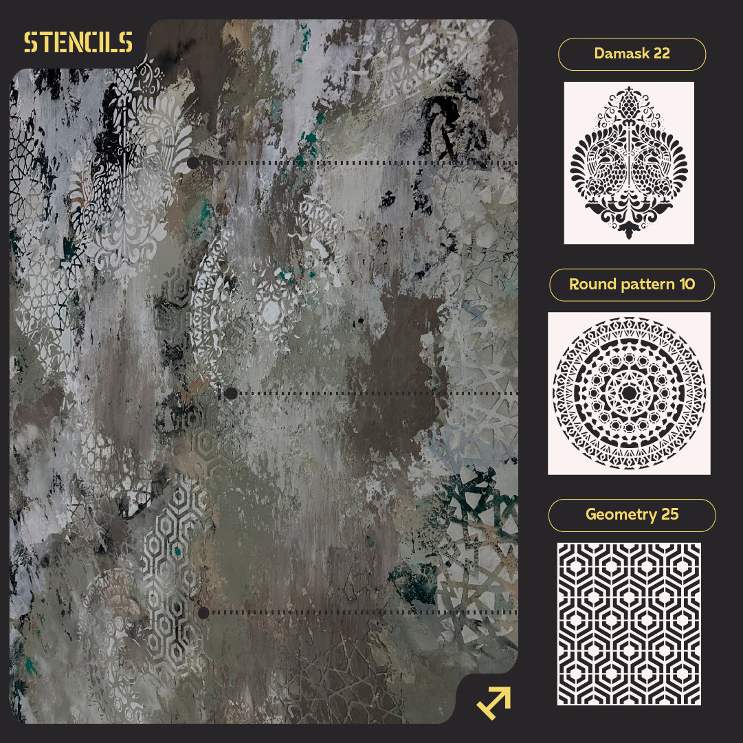 Set of 3 DFA Stencils Damask, Circle, Geometry – Three Styles for Any Design 0.3-1 mm (N00155)