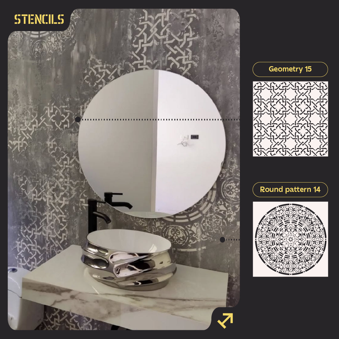 Wall decor stencils DFA (Geometry 15 + Round 14) set for plaster and paint 0.3-1 mm (N00109)