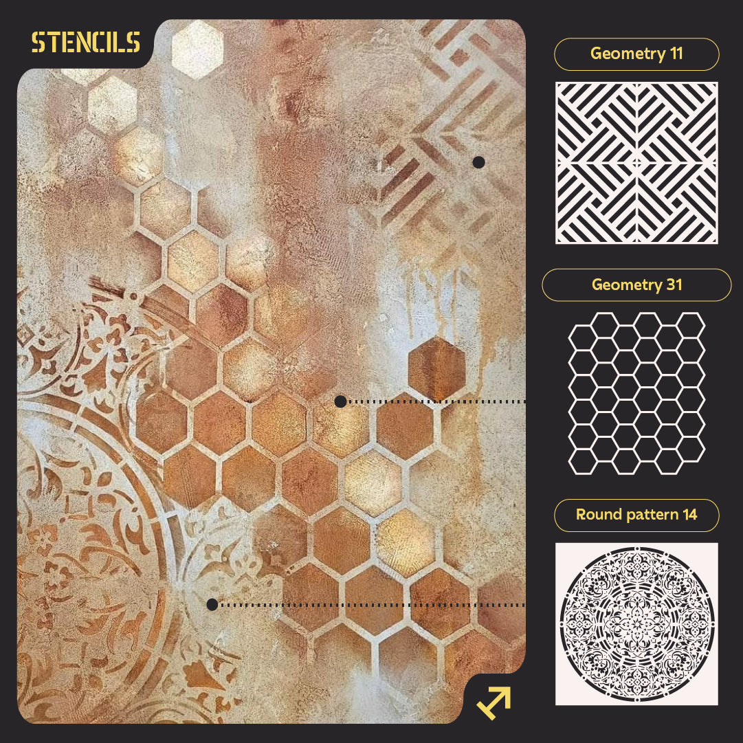 Stencils DFA set (Geometry 11 + Geometry 31 + Round 14) for plaster and paint 0.3-1 mm (N00058)