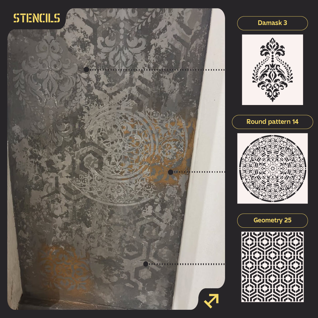 DFA stencils for decoration (Damask 3 + Round 14 + Geometry 25) for plaster and paint 0.3-1 mm (N00094)
