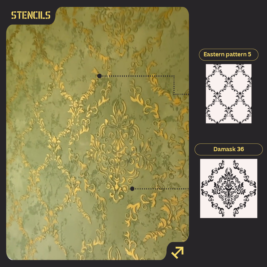 Wall decoration set for plaster and paint 9 Stencils DFA (Oriental pattern 5 + Damask 36) 0.3-1 mm (N00009)