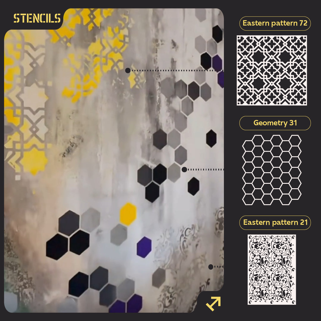 Set of stencils DFA (East 72 + Geometry 31 + East 21) for plaster and paint 0.3-1 mm (N00124)