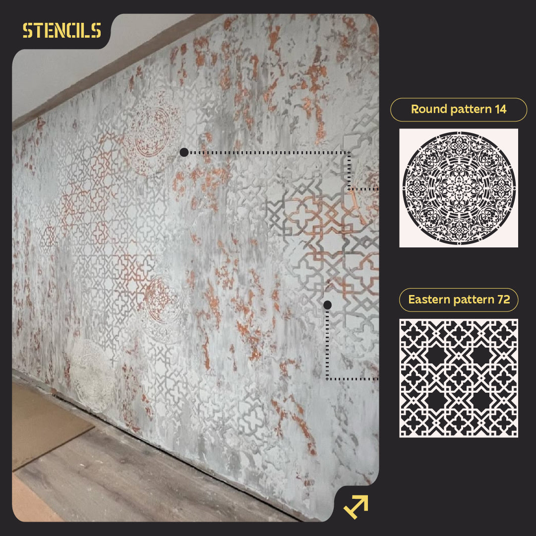 Set for plaster and paint wall decoration 10 DFA stencils (Oriental pattern 72 + Round pattern 14) 0.3-1 mm (N00010)