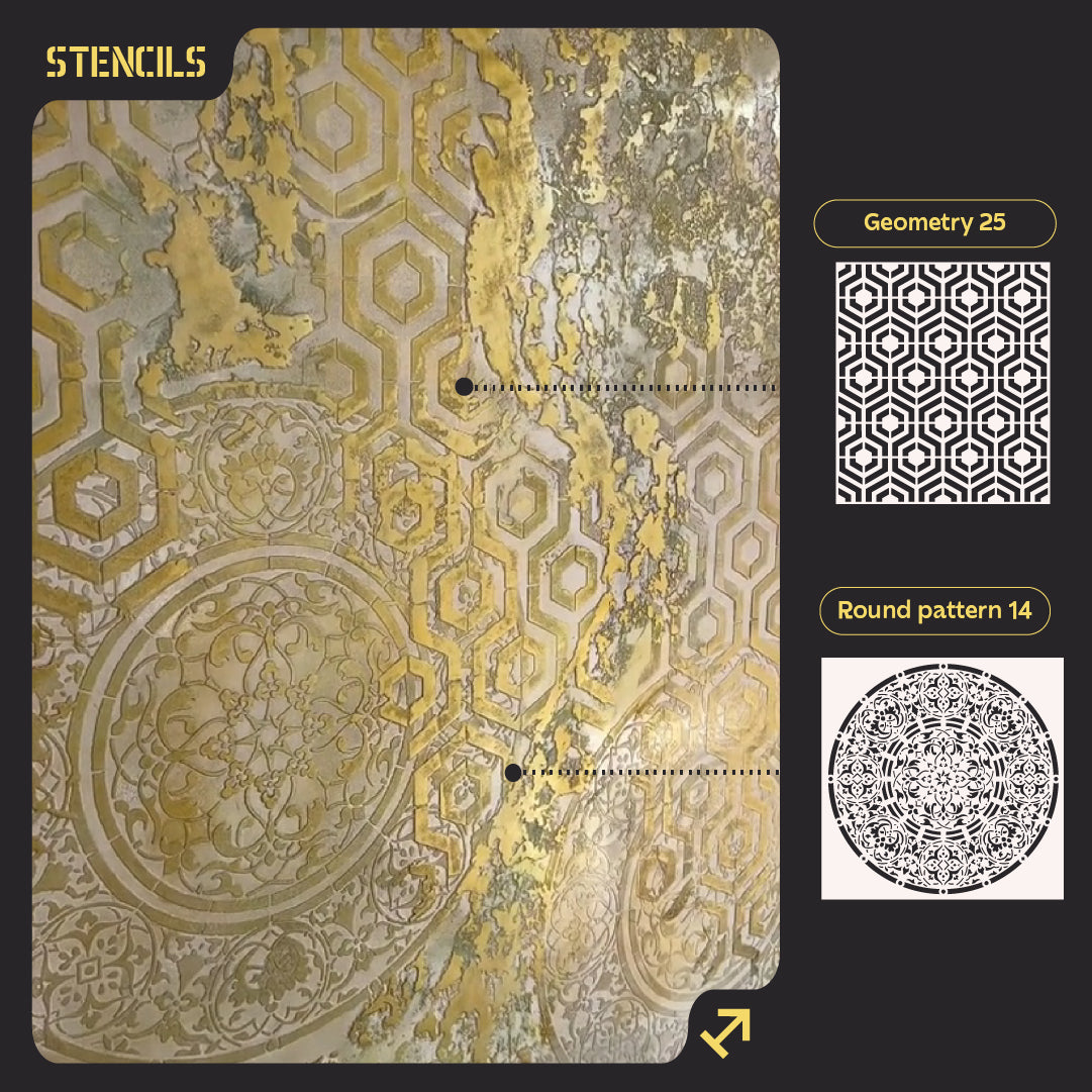 Wall decor stencils DFA (Geometry 25 + Round 14) set for plaster and paint 0.3-1 mm (N00139)