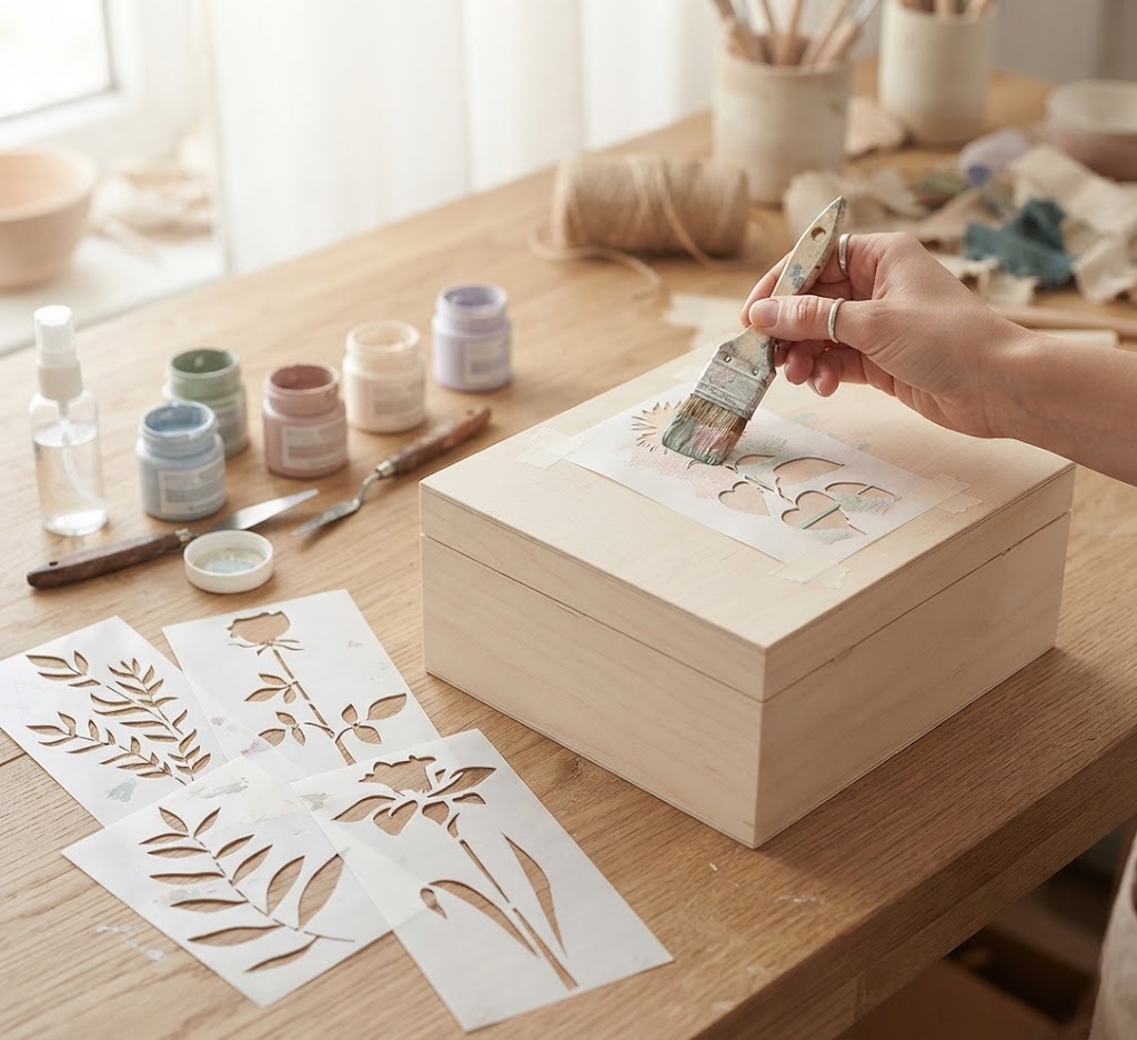 Botanical decoupage stencil set with five floral and leaf patterns beside a decorated wooden box