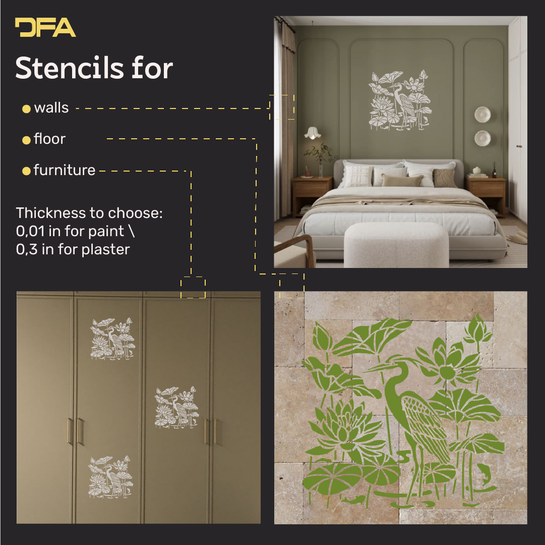 DFA Heron stencil — create a sense of lightness in your interior. Thickness 0.3–1 mm (J00082)