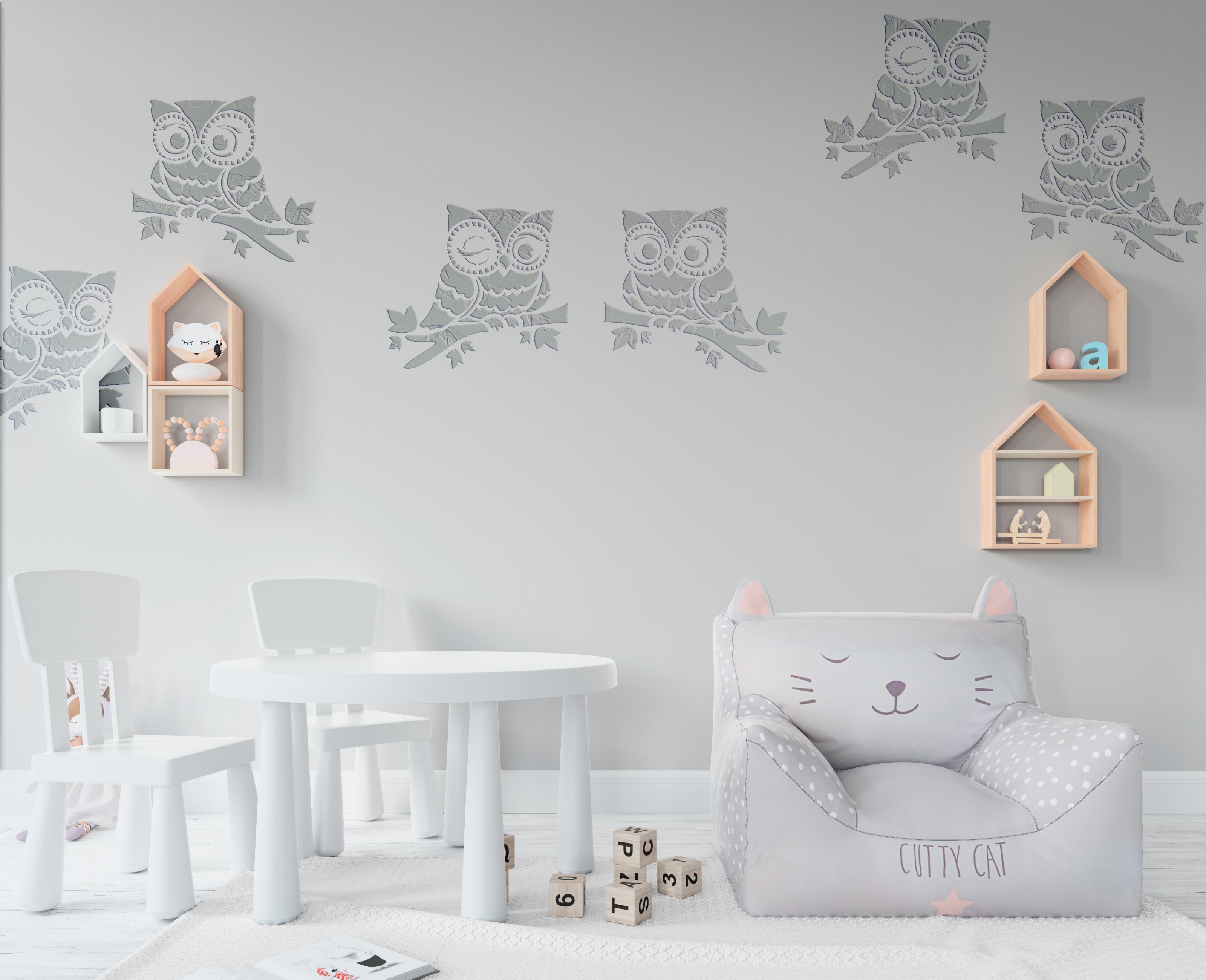 Cute owls on the walls: DFA reusable stencil for children's room 0.3-1 mm (E00073)