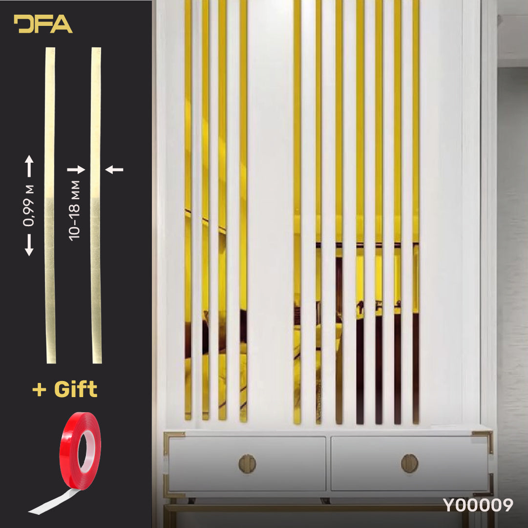 Set of 9 Mirror Wall Decor Sticker Magic Stripes DFA (Gold Stripes for Wall) Size 10m - 10mm/12mm/15mm/18mm (Y00009)