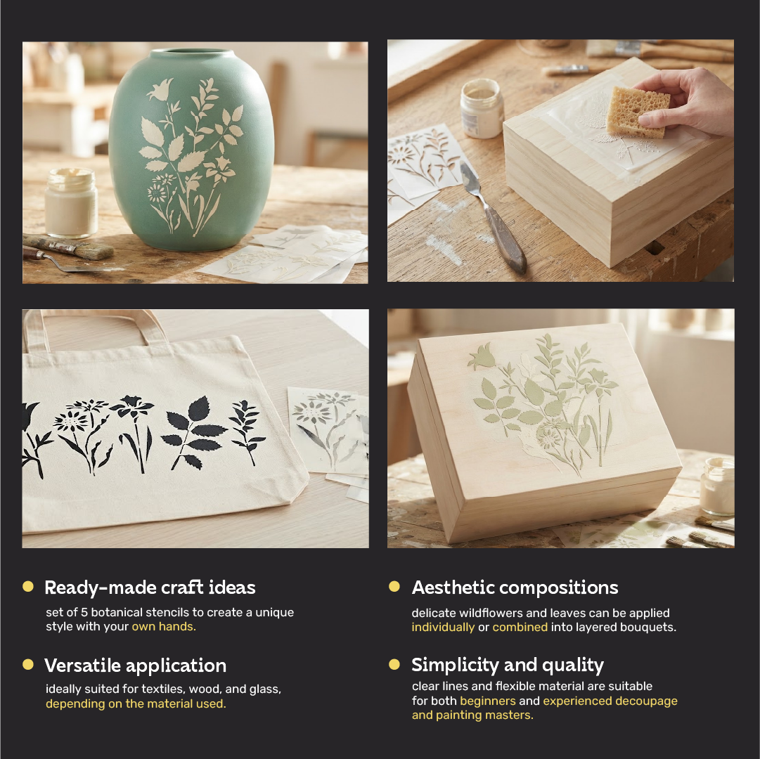 Botanical Decoupage Stencil Set – 5 Reusable Stencils