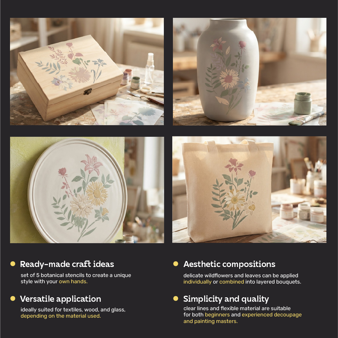 Floral & Botanical Decoupage Stencil Set – 5 Pieces