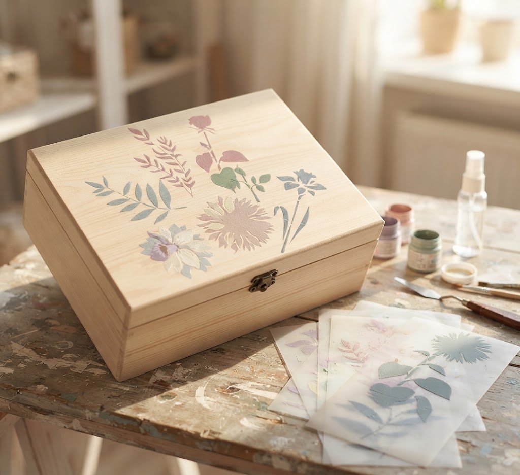Botanical decoupage stencil set with five floral and leaf patterns beside a decorated wooden box