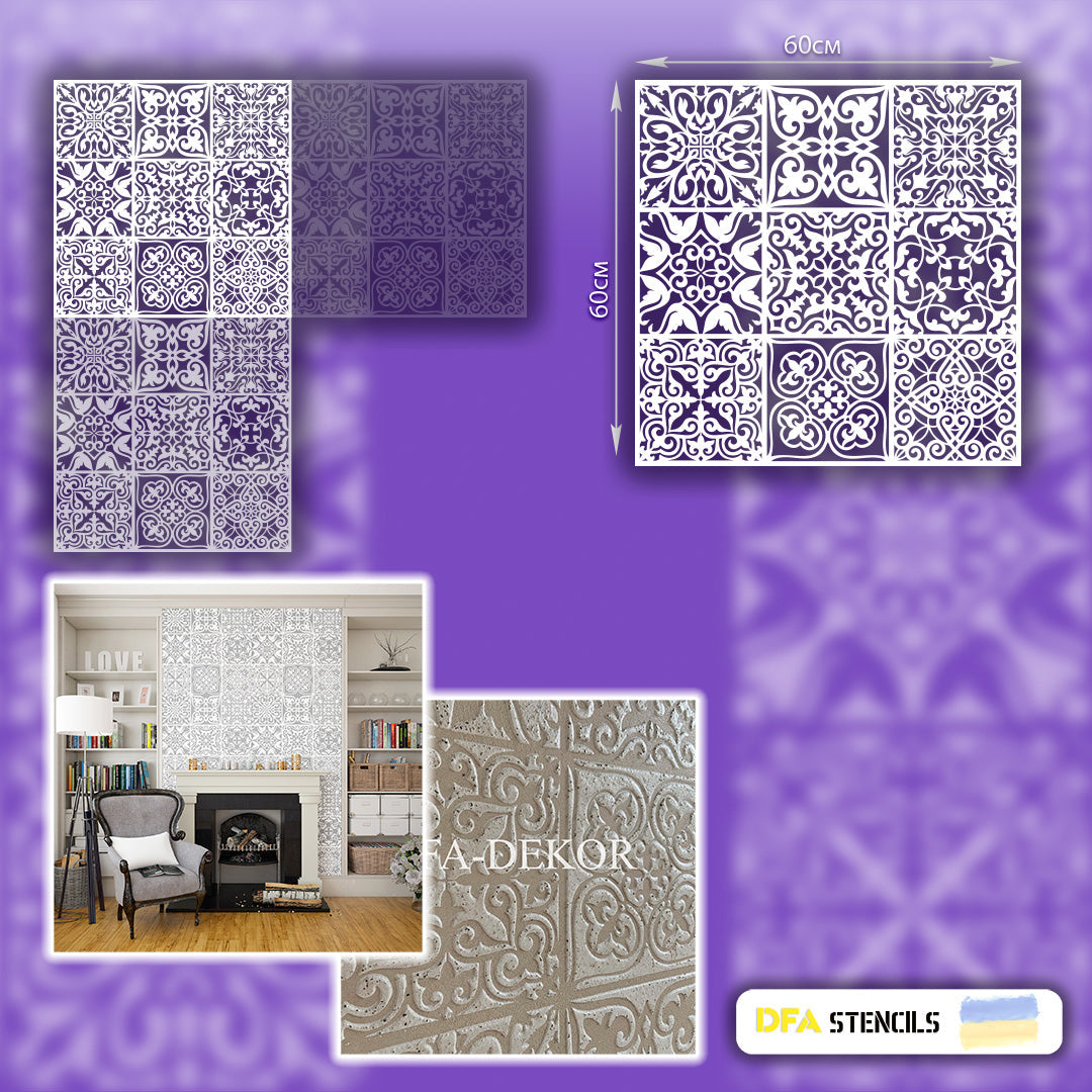 Trendy square ornaments - stencil DFA for decorative plaster and paint 0.3-1 mm (K00006)