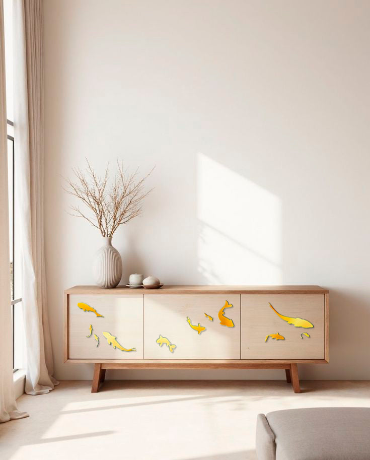 Quick wall update: Self-adhesive mirror decor Fishes by DFA, 5 pcs/11 pcs, 11 pcs, Gold