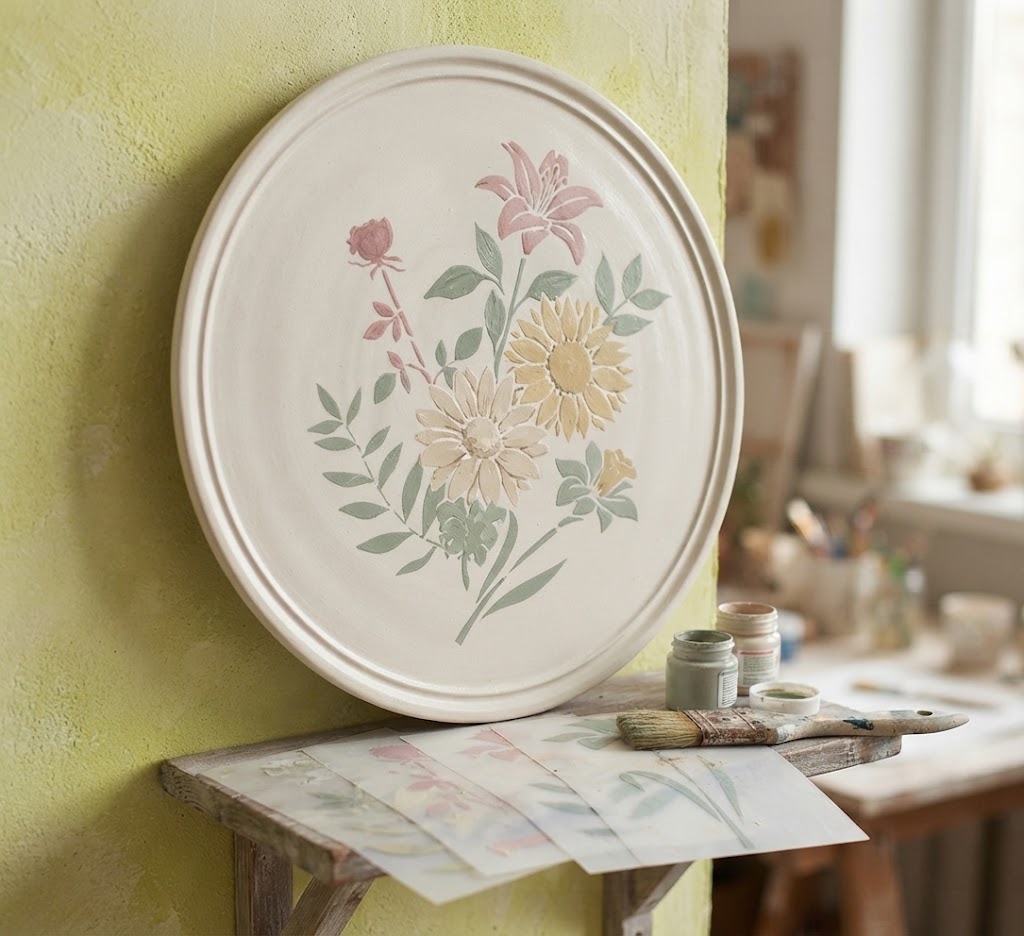 Botanical decoupage stencil set with five floral and leaf patterns beside a decorated wooden box