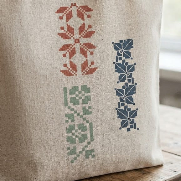 Three reusable geometric embroidery-style stencils with cross-stitch patterns for decoupage and decorative painting