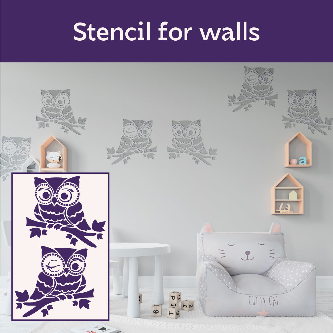 Cute owls on the walls: DFA reusable stencil for children's room 0.3-1 mm (E00073)
