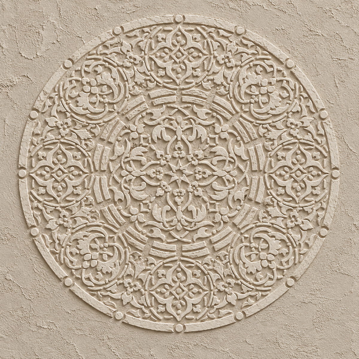 Reusable mandala wall stencil creating plaster pattern on textured wall