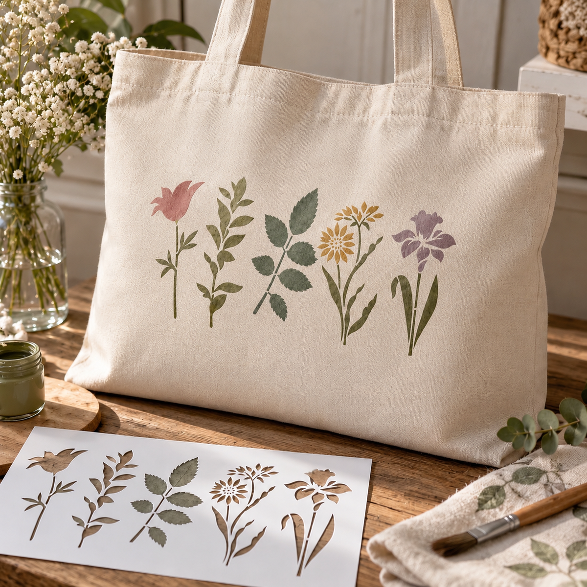 Botanical decoupage stencil set with floral and leaf designs displayed beside a decorated canvas tote bag