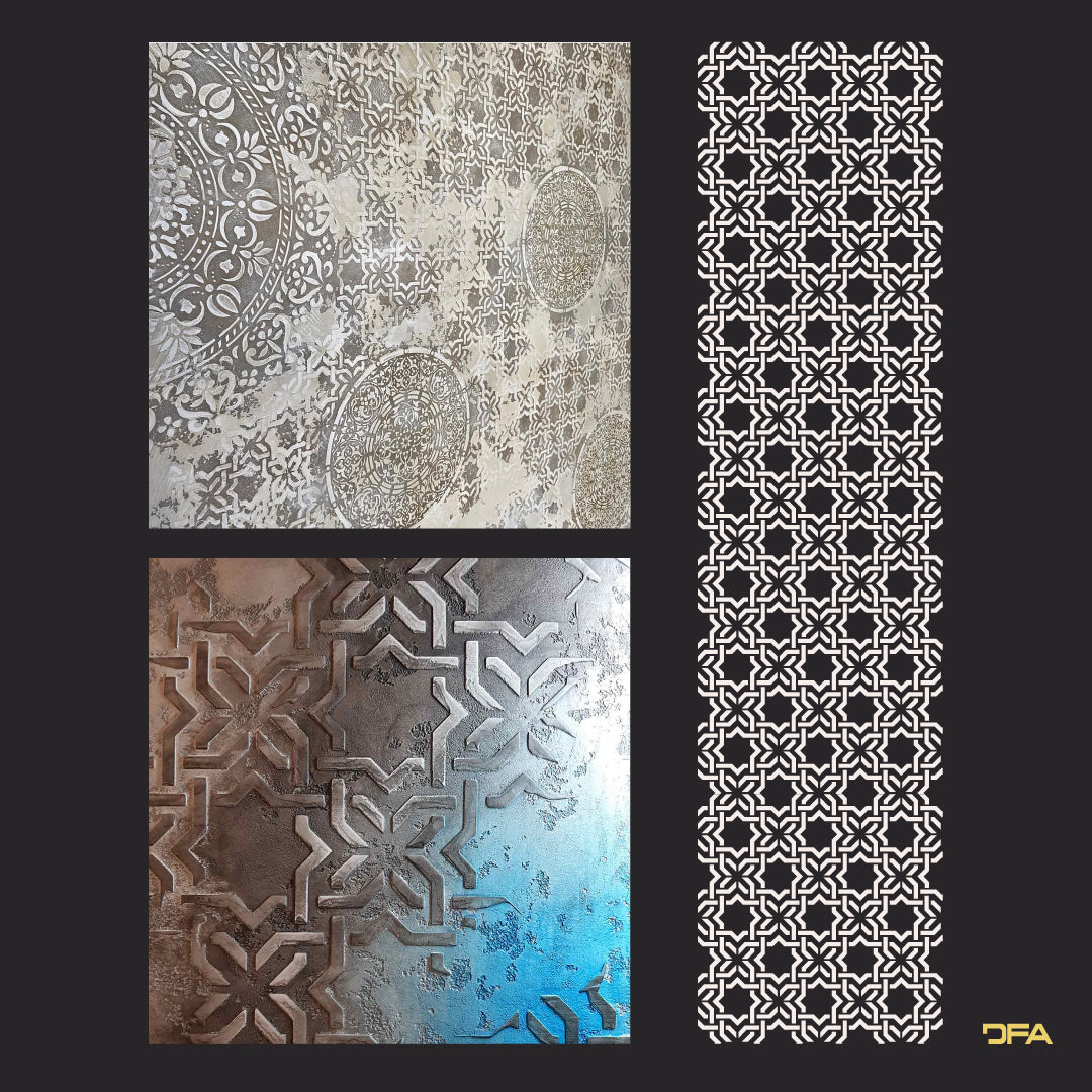 Wall decoration set for plaster and paint 2 DFA stencils (Geometry 3 + Round pattern 4 + Damask 3) 0.3-1 mm (N00002)