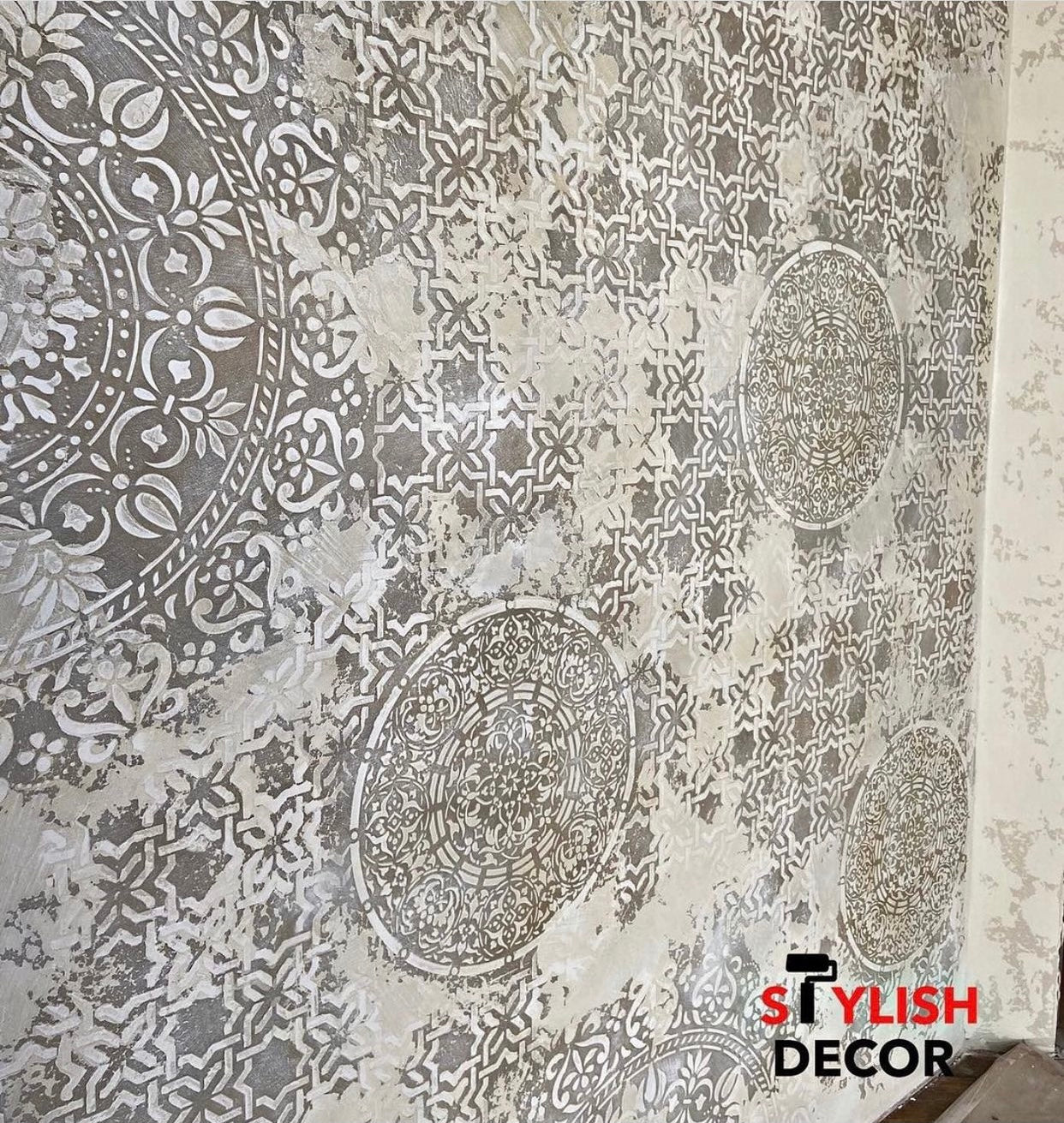 Wall decoration set for plaster and paint 2 DFA stencils (Geometry 3 + Round pattern 4 + Damask 3) 0.3-1 mm (N00002)