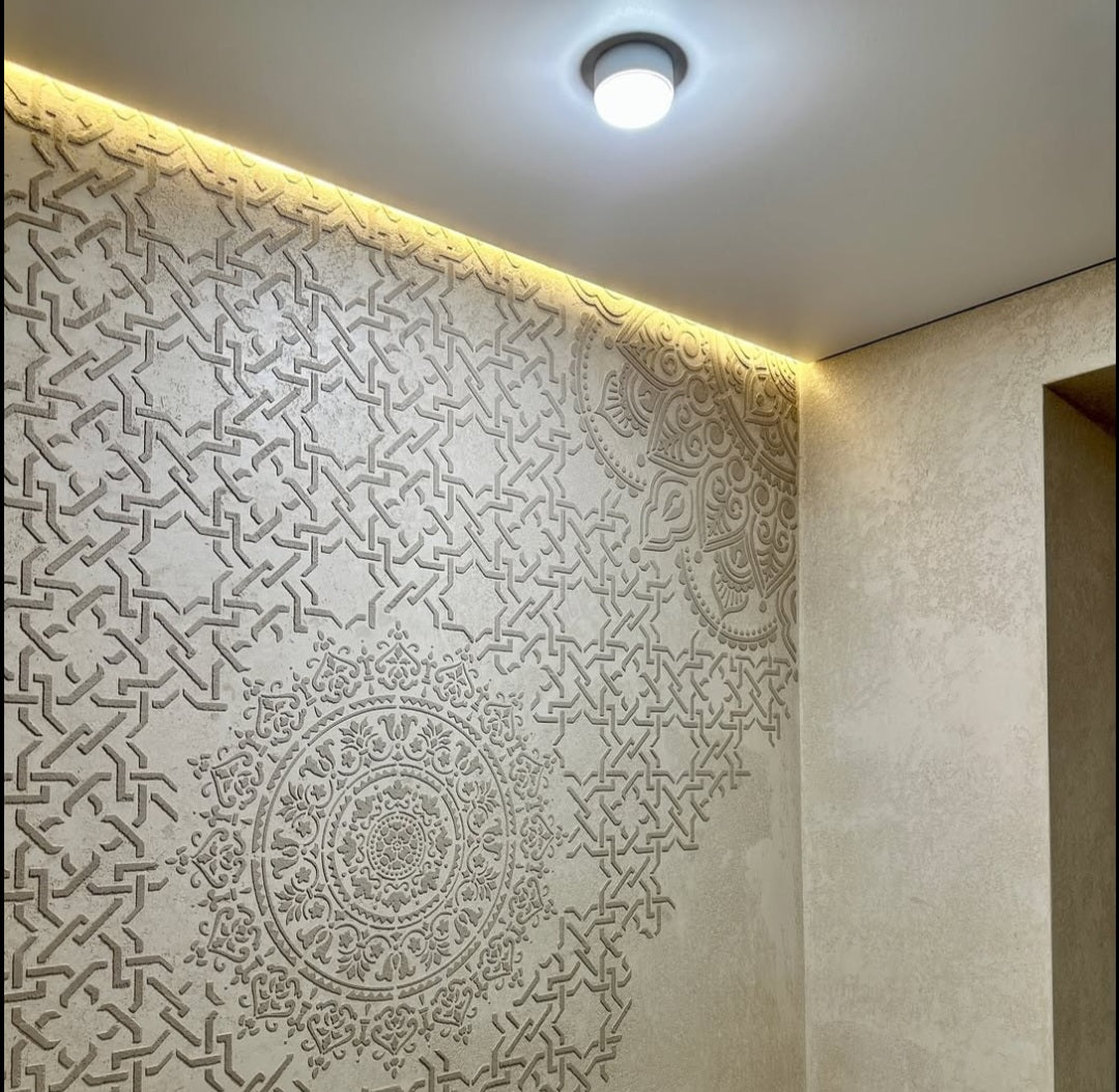 Wall decoration set for plaster and paint 2 DFA stencils (Geometry 3 + Round pattern 4 + Damask 3) 0.3-1 mm (N00002)