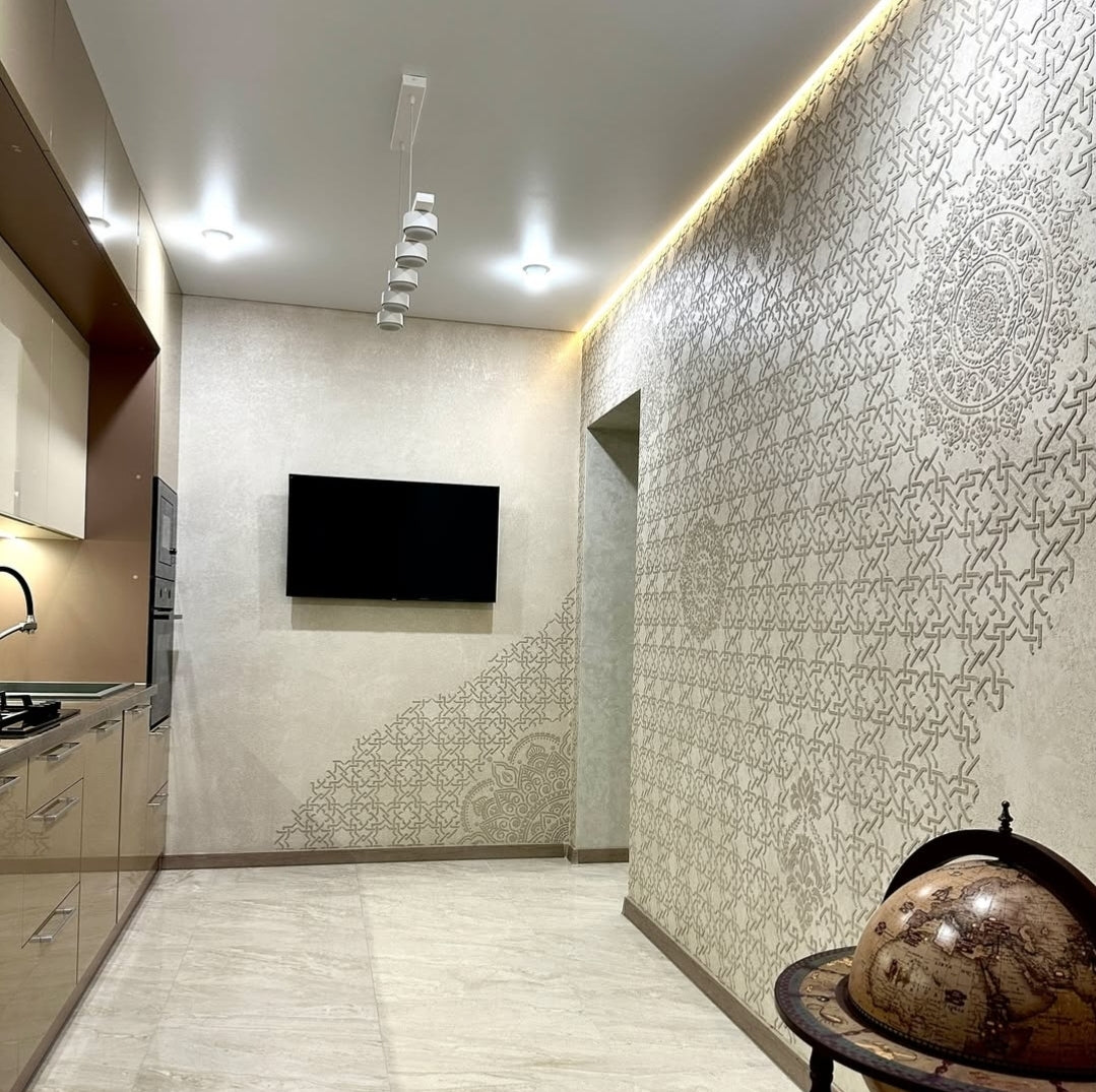 Wall decoration set for plaster and paint 2 DFA stencils (Geometry 3 + Round pattern 4 + Damask 3) 0.3-1 mm (N00002)