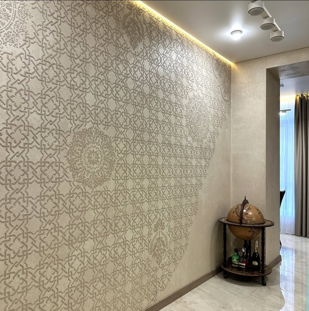 Wall decoration set for plaster and paint 2 DFA stencils (Geometry 3 + Round pattern 4 + Damask 3) 0.3-1 mm (N00002)