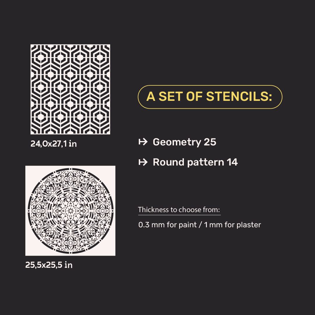 Wall decor stencils DFA (Geometry 25 + Round 14) set for plaster and paint 0.3-1 mm (N00139)