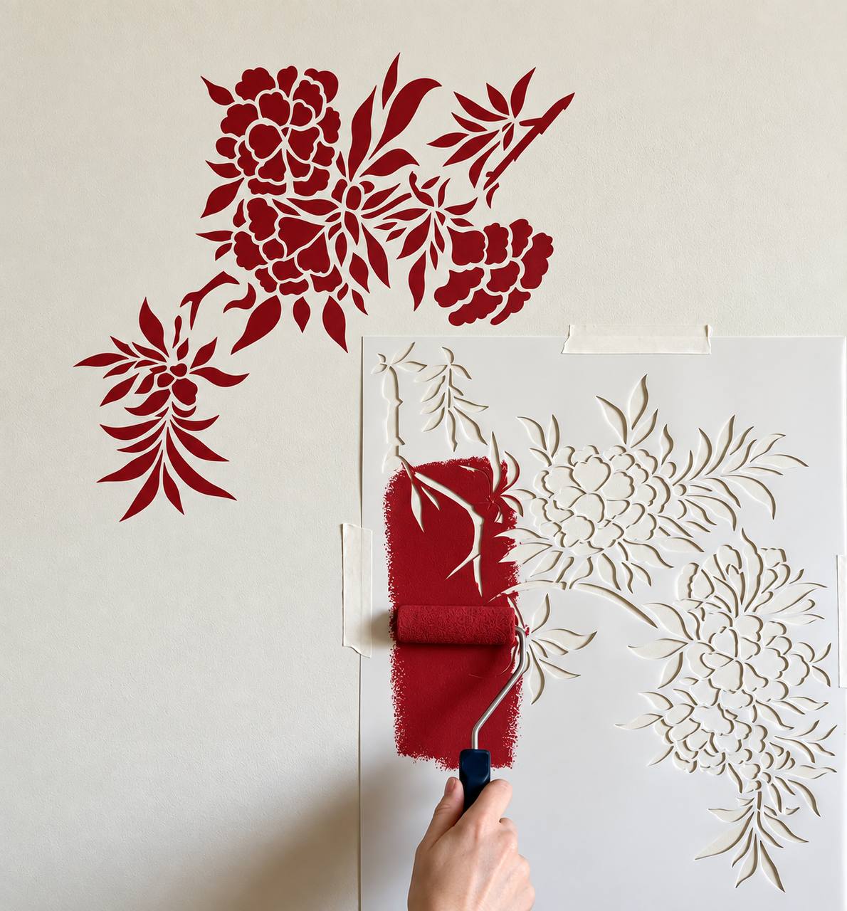 Reusable floral wall stencil set for paint and plaster decorative patterns