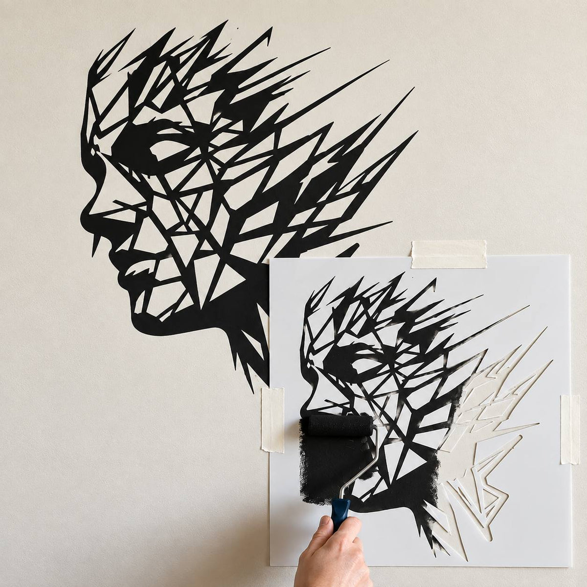 Reusable face profile wall stencil for modern paint and plaster decor