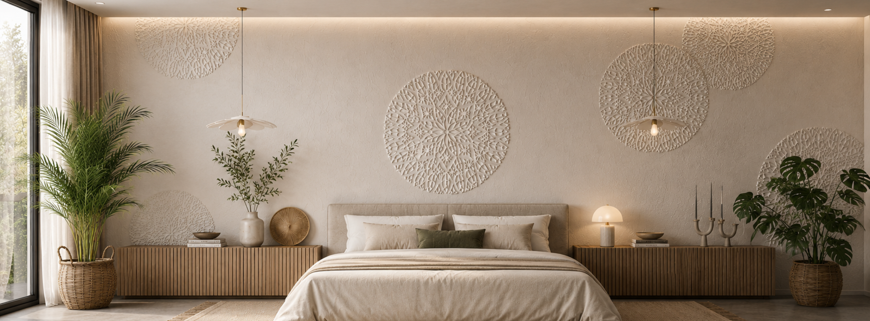 Modern living room interior featuring a feature accent wall decorated with premium reusable wall stencils by DFA Decor.