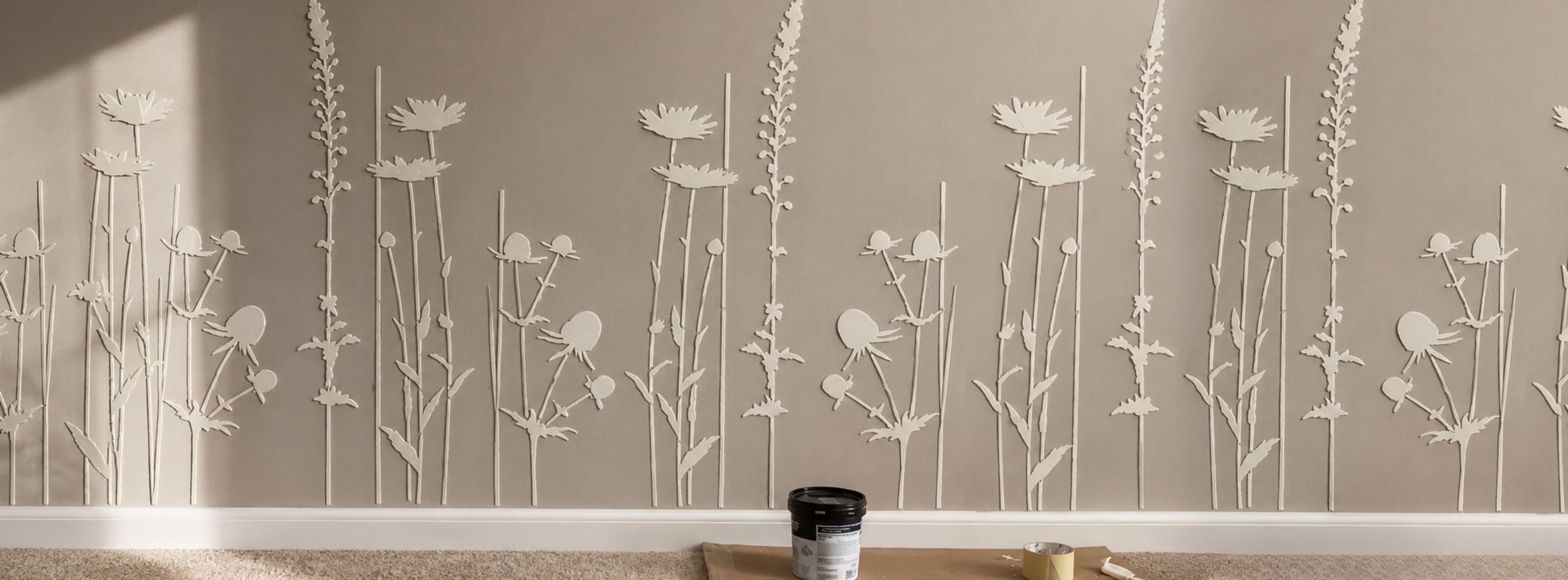 Panoramic view of an accent living room wall with a textured 3D wild flower and grass plaster relief by DFA-decor.