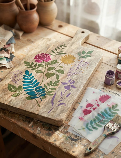Botanical leaf and flower stencil set with seven reusable designs beside a wooden box decorated with colorful plants