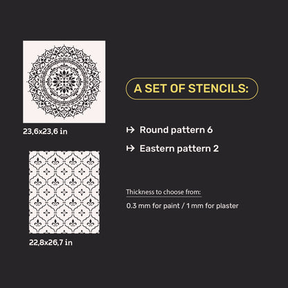 Set for plaster and paint wall decoration 5 Stencils DFA (Round pattern 6 + Oriental pattern 2) 0.3-1 mm (N00005)