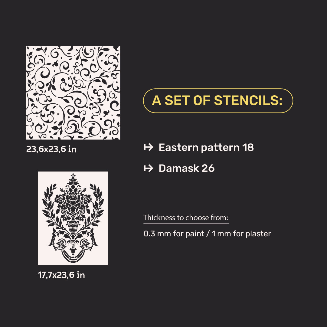 Wall decoration set for plaster and paint 8 Stencils DFA (Oriental pattern 18 + Damask 26) 0.3-1 mm (N00008)
