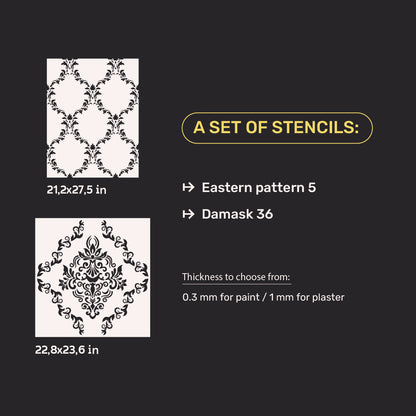 Wall decoration set for plaster and paint 9 Stencils DFA (Oriental pattern 5 + Damask 36) 0.3-1 mm (N00009)