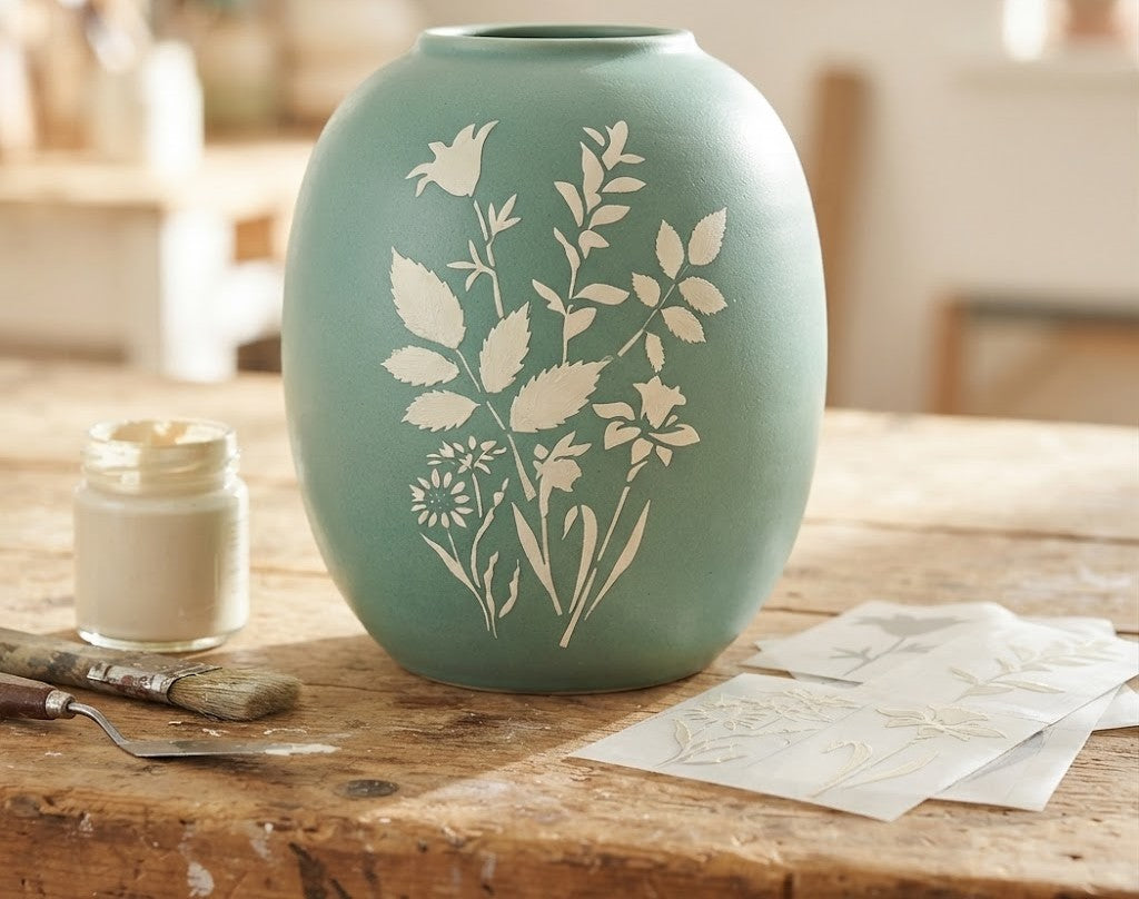 Botanical decoupage stencil set with floral and leaf designs displayed beside a decorated canvas tote bag