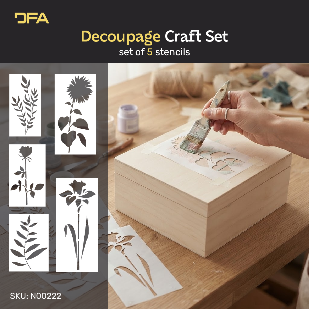 Botanical decoupage stencil set with five floral and leaf patterns beside a decorated wooden box