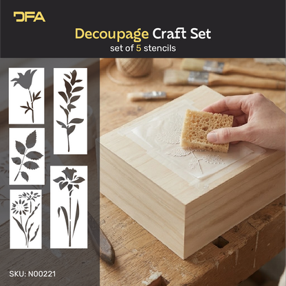 Botanical decoupage stencil set with floral and leaf designs displayed beside a decorated canvas tote bag