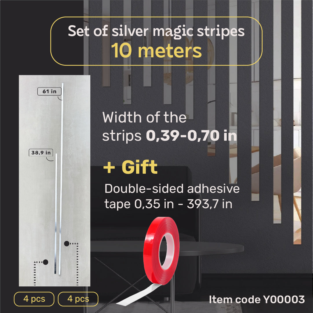 Set of 3 Mirror Wall Decor Sticker DFA Magic Stripes (Silver Wall Stripes) Size 10m - 10mm/12mm/15mm/18mm (Y00003)