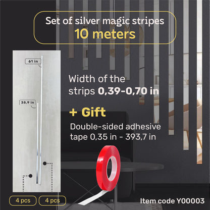 Set of 3 Mirror Wall Decor Sticker DFA Magic Stripes (Silver Wall Stripes) Size 10m - 10mm/12mm/15mm/18mm (Y00003)