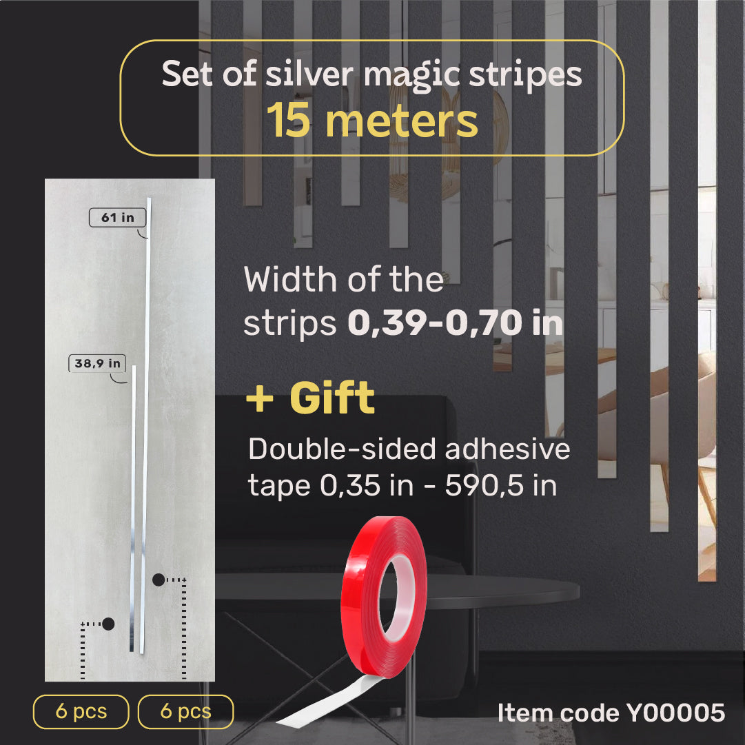 Set of 5 Mirror Wall Decor Sticker DFA Magic Stripes (Silver Wall Stripes) Size 15m - 10mm/12mm/15mm/18mm (Y00005)