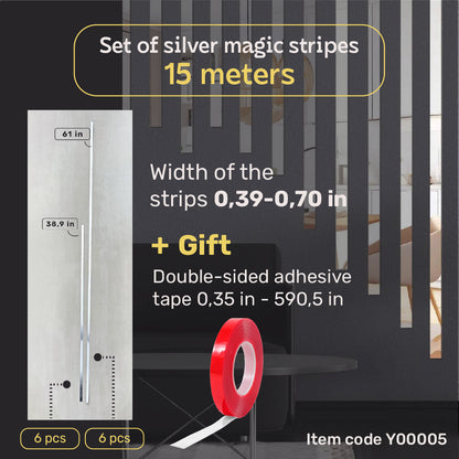 Set of 5 Mirror Wall Decor Sticker DFA Magic Stripes (Silver Wall Stripes) Size 15m - 10mm/12mm/15mm/18mm (Y00005)