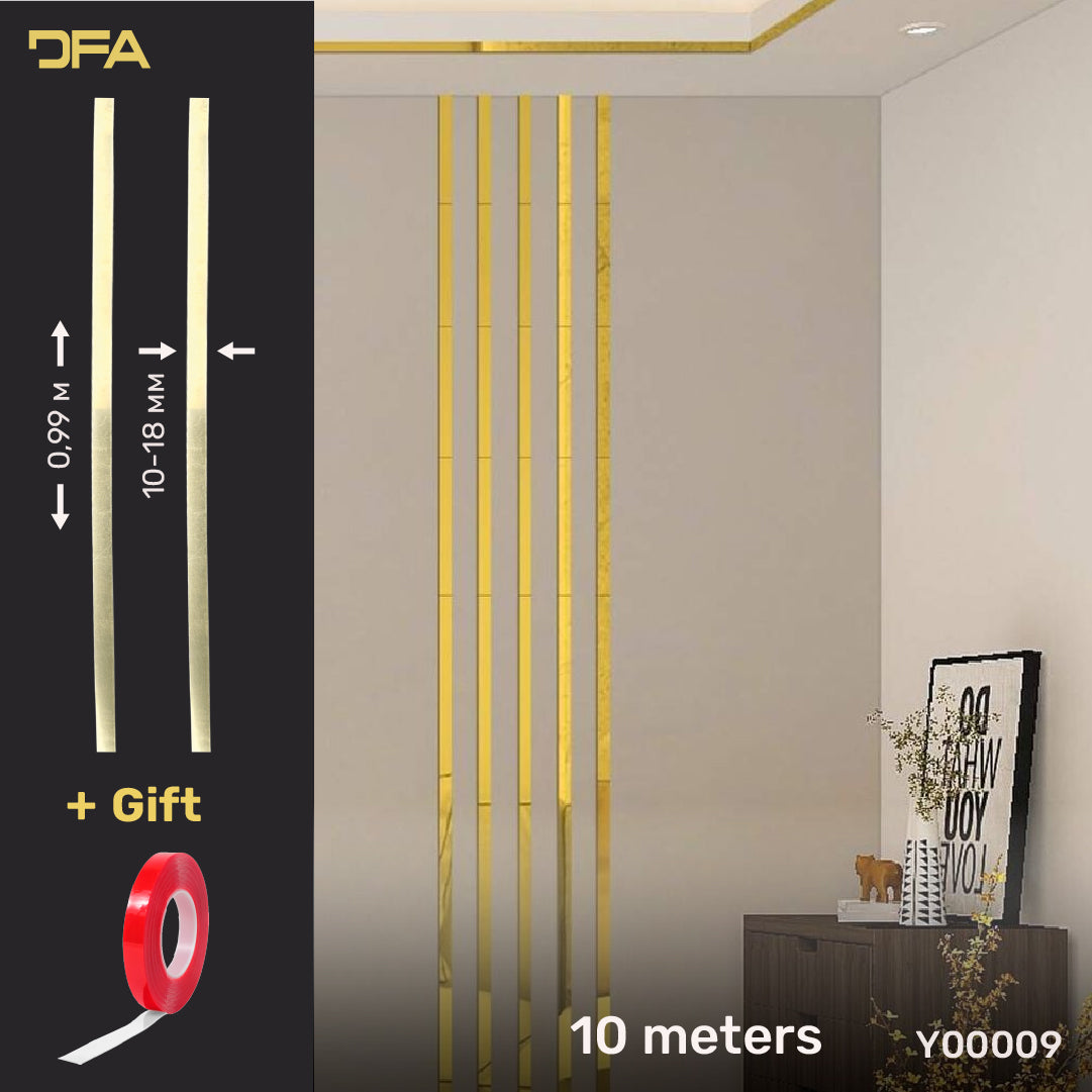 Set of 9 Mirror Wall Decor Sticker Magic Stripes DFA (Gold Stripes for Wall) Size 10m - 10mm/12mm/15mm/18mm (Y00009)